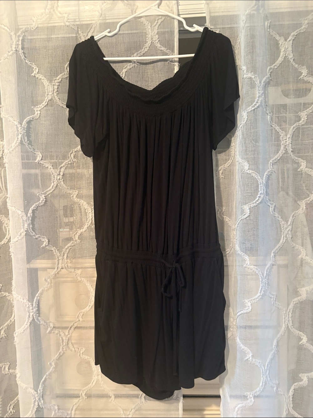 Soho Black Scoop Neck Short Sleeve Drawstring romper